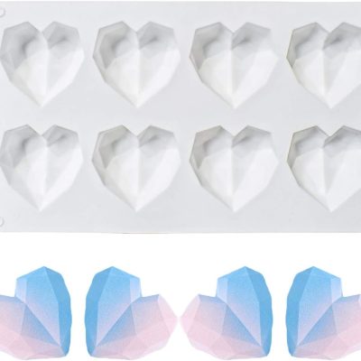 8 Grid Diamond Heart Silicone Cake Chocolate Mold Silicone Baking Pan Mold for DIY Cake Mousse Dessert 3D Diamond Love Heart Shaped Mould for Candy Fondant Ice Cream Soap Cupcake Cheesecake Jelly