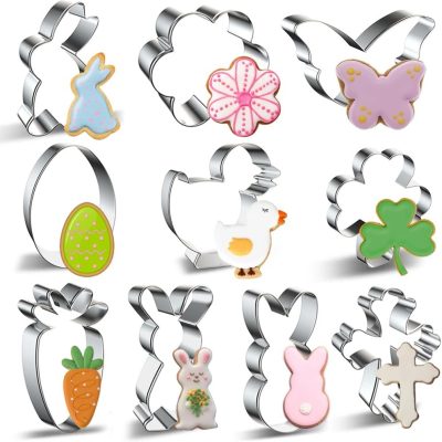 Cookie Cutter Set - 10 pieces -  Bunny, Egg, Chick, Carrot, Rabbit, Bunny Face, Holy Cross, Leaf, Flower, Butterfly Shapes - Stainless Steel Biscuit Molds for Spring Holiday Baking