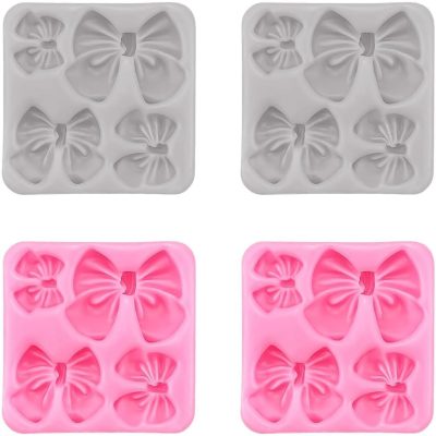 4Pcs Silicone Bow Molds for Cakes, Cupcakes, Chocolate, Candy, Sugar Craft, and Resin Crafts - Pink and Gray Bow Mold Set