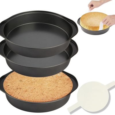 8" Round Cake Pan, 3PCS Nonstick Cake Pans with 100 PCS Parchment Paper, Carbon Steel Cake Baking Pans with Handle, Dishwasher Safe