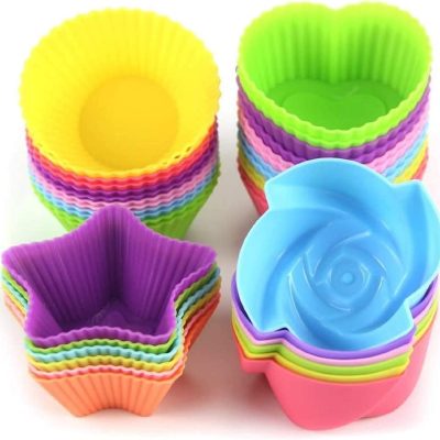 Silicone Cupcake Liners for Baking, 24Pcs Reusable Muffin Cups Greaseproof Muffin Liners Nonstick Baking Molds with Round, Stars, Heart, Flowers Shape for Kids