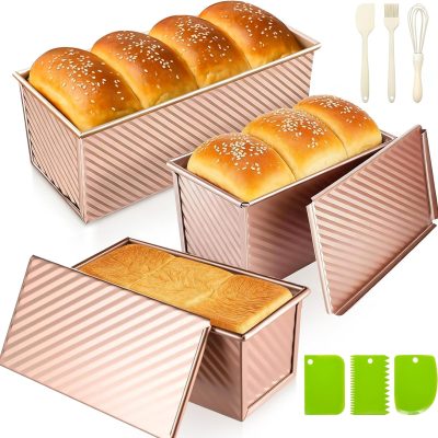 3-Pack Bread Pan with Lids, 2.2LB & 1LB & 1LB Dough Capacity, Non-Stick Carbon Steel Pullman Loaf Pan for Baking, Professional Toast Box Mold with Baking Tools - Gold