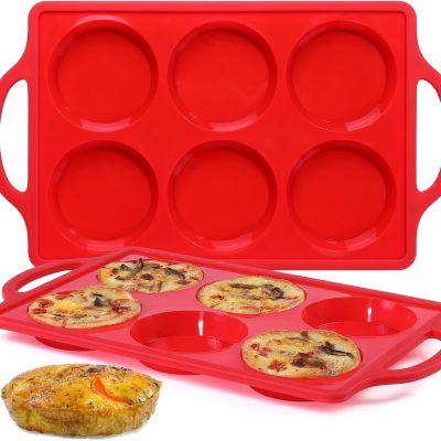 Silicone Egg Molds, 3 Inch Muffin Top Pans Non Stick with Metal Framed, Baking Pan for Breakfast Sandwiches, English Muffins, Whoopie Pies, Corn Bread, Egg Bites, Hamburger Bun, Tarts 2 Pack Red
