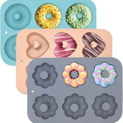 3 Pack Silicone Donut Pan for Baking, Non-Stick Doughnut Pan, 6 Cavity Heritage Bundtlette Cake Silicone Mold for Baking (Blue+Gray+Pink)