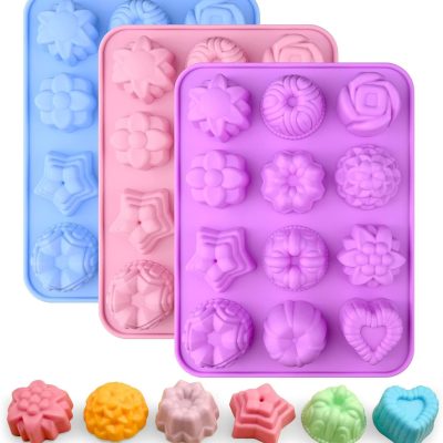 3 Pack Flower Molds Silicone, 12 Cavities Different Shapes Silicone Molds for Chocolate, Cupcake, Candy, Jelly, Ice Cube, Muffin (Pink, Purple, Blue)