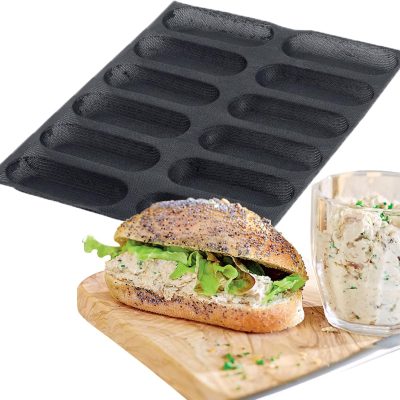 Silicone Perforated Bread Mold for Baking, 12 Individual Oblong Baking Forms, Hot Dog Bun Mold, Silicone Molds for Making Crispy Bread Rolls, Eclairs and Milk Breads