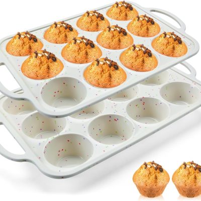 2Pack Silicone Pan for Baking with Metal Reinforced Frame, 12 Cup Regular Size Cupcake Pan, BPA Free Silicone Muffin Tray, Cupcake Baking Pan Bite Molds for Oven Dishwasher Safe