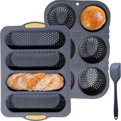 3 PCS Silicone Hamburger Bun Pan and Baguette Pan Set, Non-stick French Bread Baking Mold, 4 Wave French Bread Baking Tray,6 Cup Hamburger Bun Mold with Scraper for Homemade Bread Loaf Sandwich