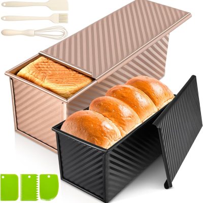 2Pack Pullman Loaf Pans with Lids – 2.2 LB & 1 LB Dough Capacity, Non-Stick Carbon Steel Bread Pans for Homemade Sandwich and Sourdough Bread, Corrugated Toast Mold