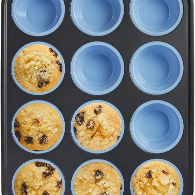 Silicone Pans for Baking with Metal Frame, Egg Bite Molds, Cupcake Pans 12 Regular Size, Muffin Tins Easy to Pop Nonstick Non Toxic Bakeware for Oven,Blue