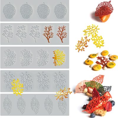 5PCS Leaf Molds Silicone Baking Fondant Tuile Molds, Hollow 3D Coral Branch Leaf Tuille Lace Silicone Cake Moulds, Polymer Clay Mold for Baking, Resin, Clay, Sugar Craft, Dessert Cake Decoration